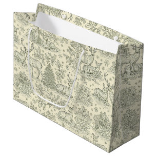 French Country Green Toile Deer Pattern Large Gift Bag