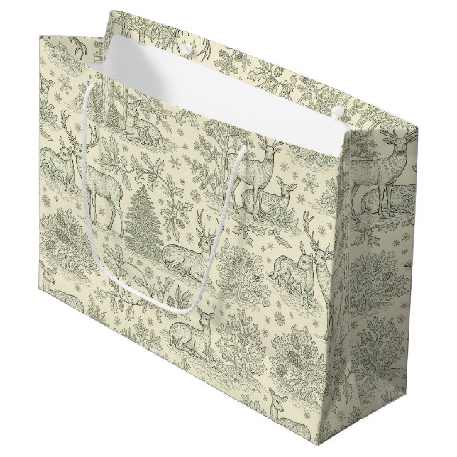 French Country Green Toile Deer Pattern Large Gift Bag (Front Angled)