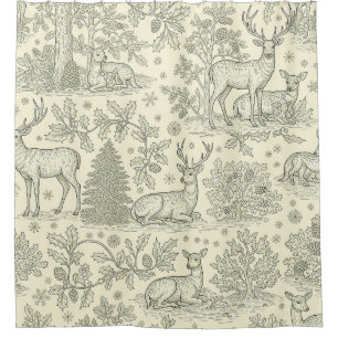 French Country Green Toile Deer Pattern Shower Curtain