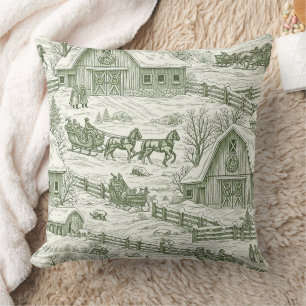 French Country Green Winter Toile Landscape Cushion