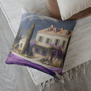 French Country House Lavender Flowers Mountains Cushion