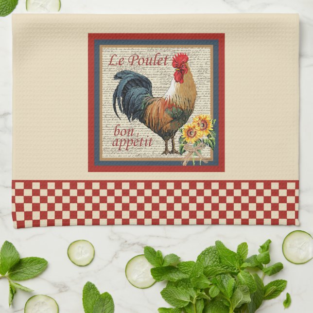 French Country Kitchen Rooster Red Chequerboard Tea Towel (Folded)