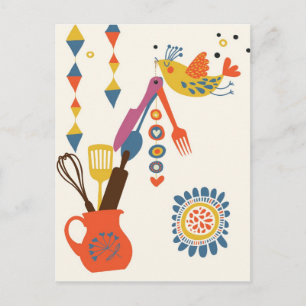 French Country Kitchen - Utensils on floral. Postcard