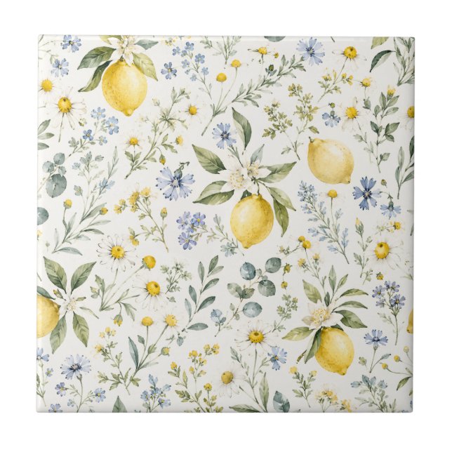 French Country Lemon and Wildflowers Pattern Ceramic Tile (Front)