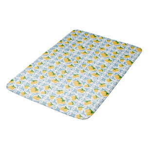 French Country Lemon Blue Floral Tile Pattern Bath Mat