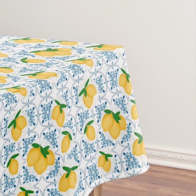 French Country Lemon Blue Floral Tile Pattern Tablecloth (In Situ)