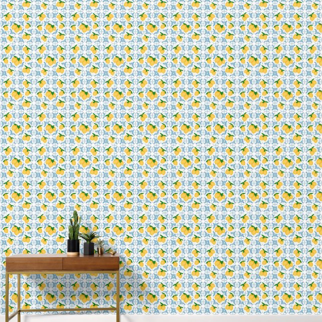 French Country Lemon Blue Floral Tile Pattern Wallpaper (Hallway)