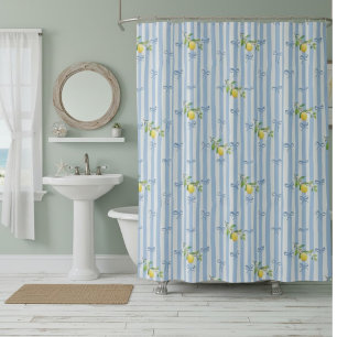 French Country Lemon – Blue Stripe Bow Pattern Shower Curtain