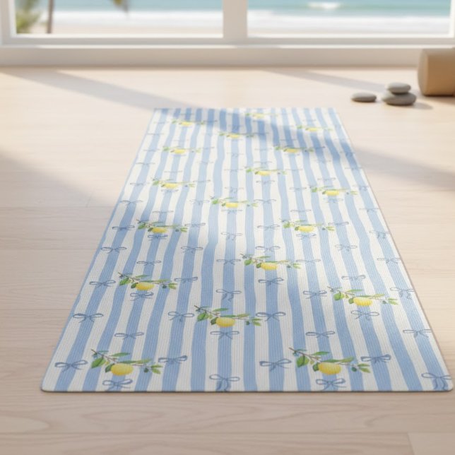 French Country Lemon – Blue Stripe Bow Pattern Yoga Mat (Creator Uploaded)