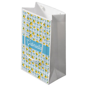 French Country Lemon Blue Tile Monogram Name Small Gift Bag