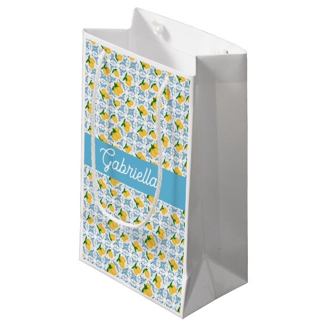 French Country Lemon Blue Tile Monogram Name Small Gift Bag (Front Angled)