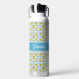 French Country Lemon Blue Tile Monogram Water Bottle