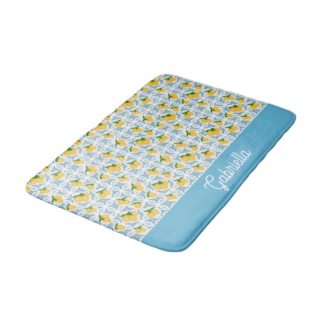 French Country Lemon Blue Tile Pattern Bath Mat (Angled)