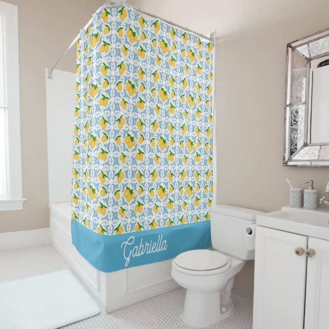 French Country Lemon Blue Tile Pattern Shower Curtain (In Situ)