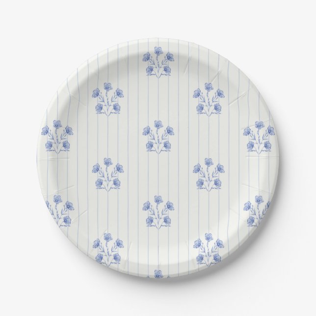 French Country Light Blue Flower Stripes Paper Plate (Front)