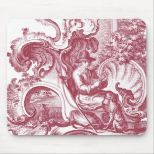 French Country Man and Dog Beautiful Red Toile Mouse Pad