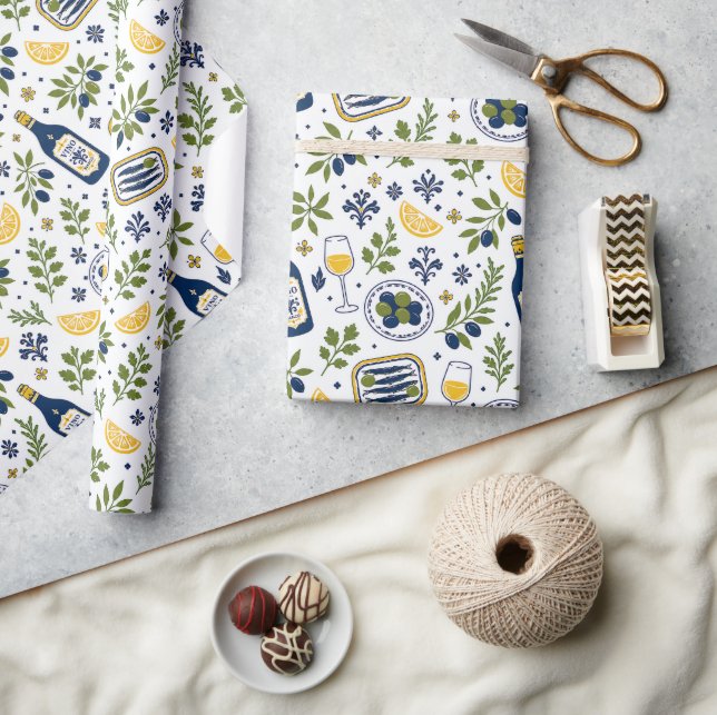 French Country Mediterranean Olive Wine Pattern Wrapping Paper (Crafts)