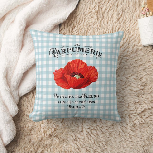French Country Perfume Red Poppy Teal Chequered Cushion (Blanket)
