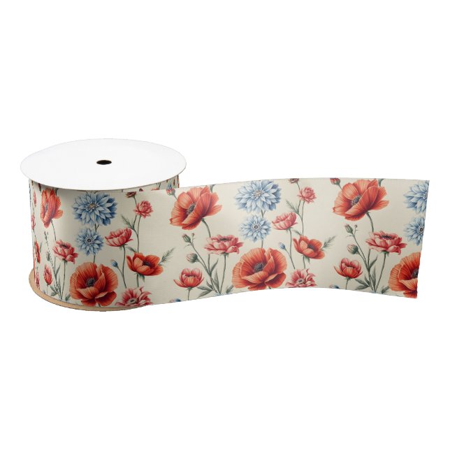 French Country Poppy and Dahlia  Satin Ribbon (Spool)