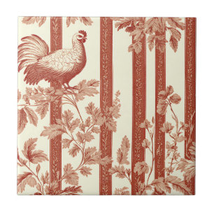French Country Red Hen Floral Toile Pattern Ceramic Tile