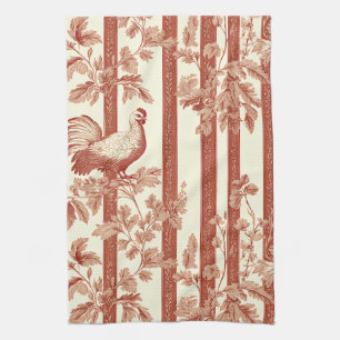 French Country Red Hen Floral Toile Pattern Tea Towel