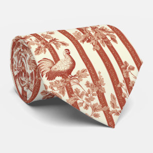 French Country Red Hen Floral Toile Pattern Tie