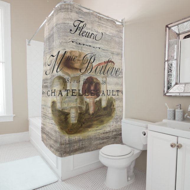 french country rustic fairytale woodland mushroom shower curtain (In Situ)