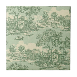 French Country Sage Toile Farm Scene Ceramic Tile