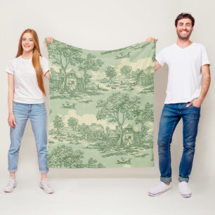 French Country Sage Toile Farm Scene Fleece Blanket