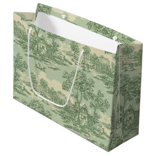 French Country Sage Toile Farm Scene Large Gift Bag