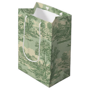 French Country Sage Toile Farm Scene Medium Gift Bag