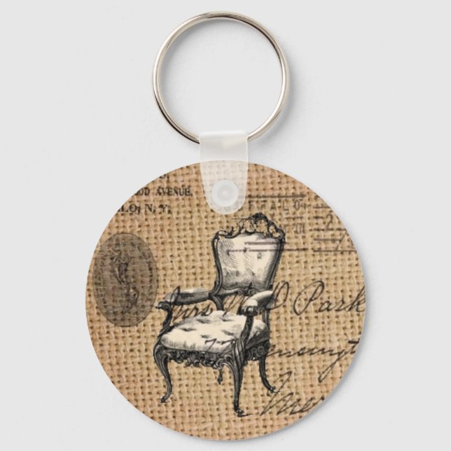 french country scripts burlap Paris rococo chair Key Ring (Front)