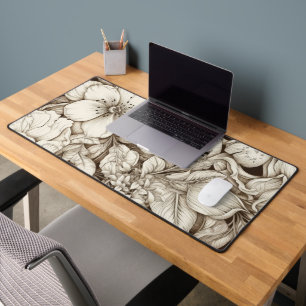 French Country Sepia Floral Botanical Cream Desk Mat