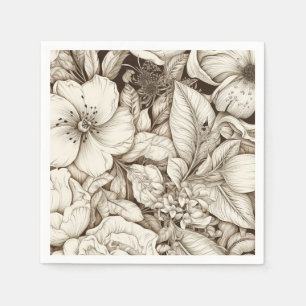 French Country Sepia Floral Botanical Cream Napkin