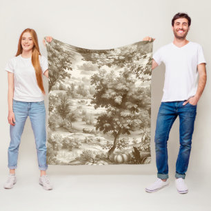 French Country Sepia Pumpkin Toile Pattern Fleece Blanket