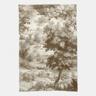 French Country Sepia Pumpkin Toile Pattern Tea Towel