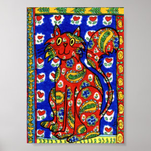 French Country Style Red Paisley Cat Mini Folk Art Poster