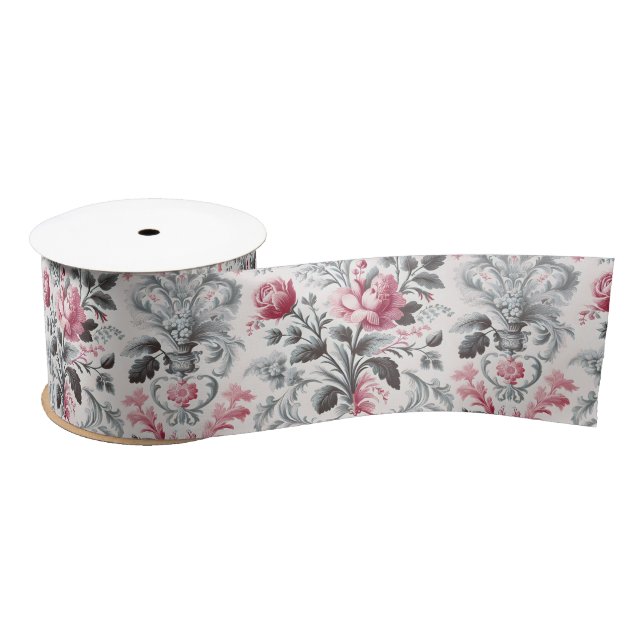 French Country Toile Fleurie Rose Design Satin Ribbon (Spool)
