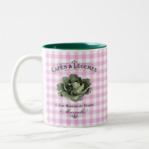 French Country Veggie Cabbage Pink Chequered Two-Tone Coffee Mug