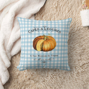 French Country Veggie Pumpkin Blue Chequered Cushion