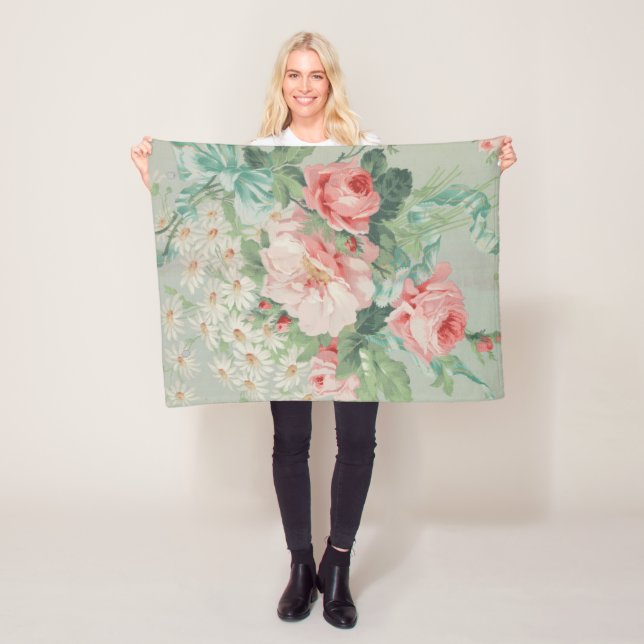 French Country Vintage Antique Cabbage Roses Fleece Blanket (In Situ)