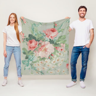 French Country Vintage Antique Cabbage Roses Fleece Blanket