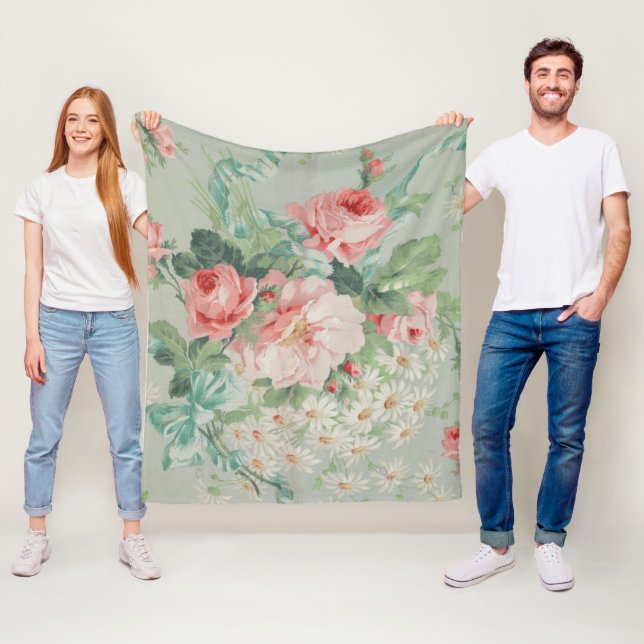 French Country Vintage Antique Cabbage Roses Fleece Blanket (In Situ)
