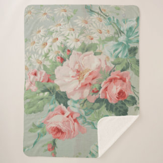 French Country Vintage Antique Cabbage Roses Sherpa Blanket