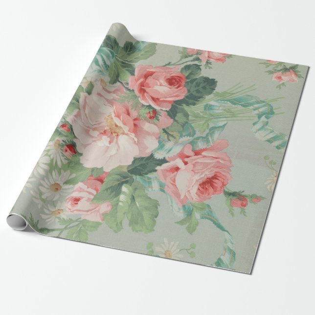 French Country Vintage Antique Cabbage Roses Wrapping Paper (Unrolled)