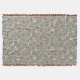 French Country Vintage Birds and Flowers Blue Throw Blanket