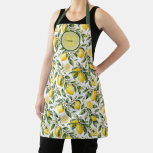 French Country Watercolor Lemon Monogram Name Apron