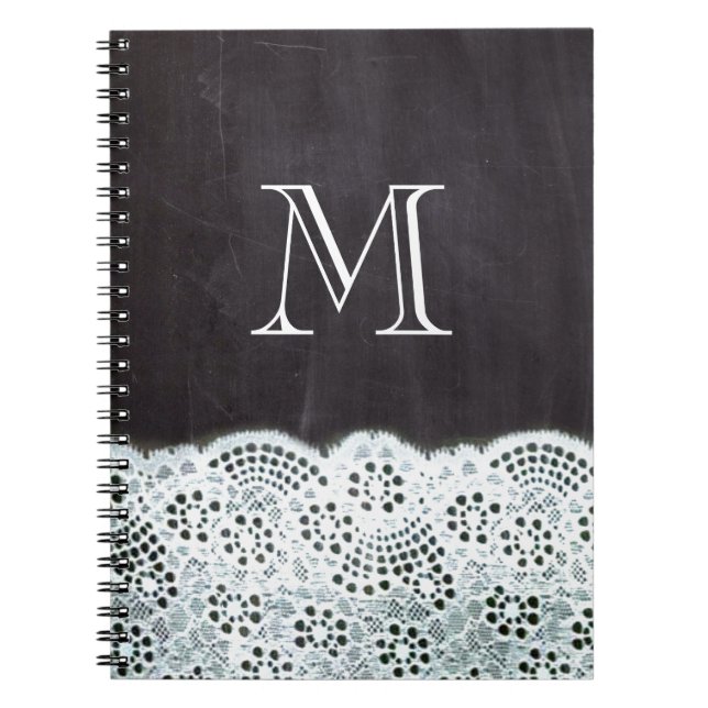 French country white lace chalkboard monogram notebook (Front)