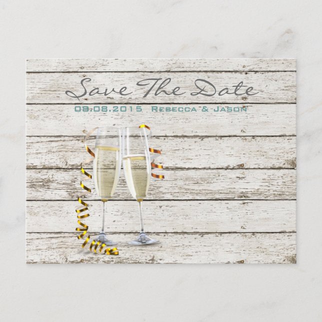 french country whitewashed wood champagne flutes announcement postcard (Front)
