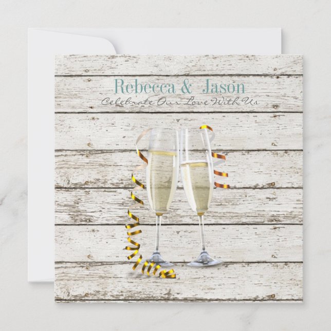 french country whitewashed wood champagne flutes invitation (Front)